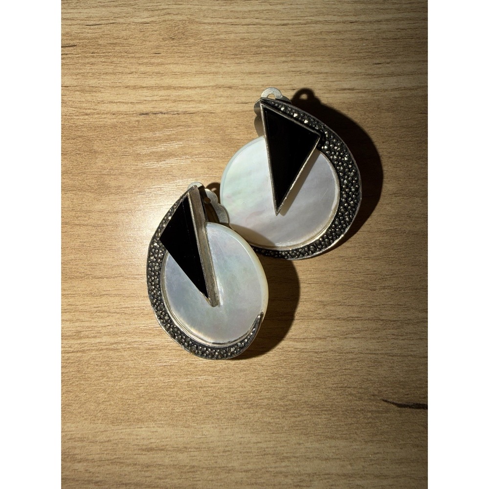 VTG Sterling Silver 925 Onyx Mother of Pearl Marcasite Circle Earrings Statement